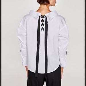 NWOT Zara Basics White Blouse With Black Bow